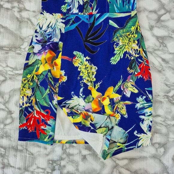 NWT Ava Tropical Floral Print Strapless Cocktail Mini Dress Front Slit - Picture 6 of 11